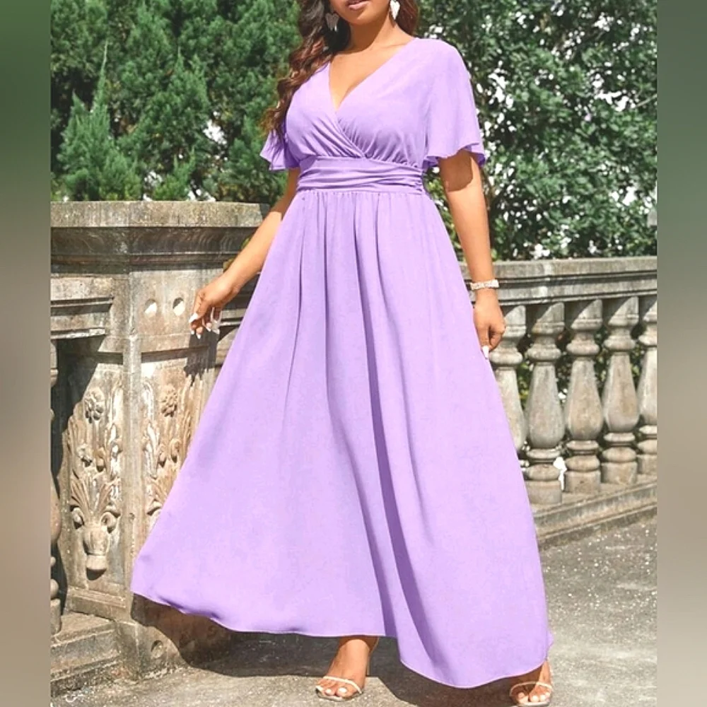 NEW Chic Ruched Waist Flutter Sleeve Maxi Dress PLUS Lavender Purple